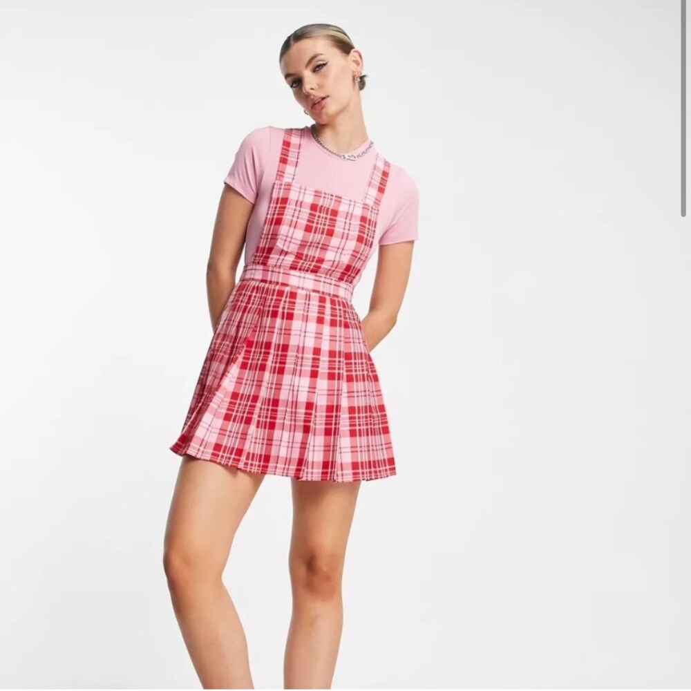 Collusion ASOS Pink and Red Plaid Pinafore Dress like new Size 14